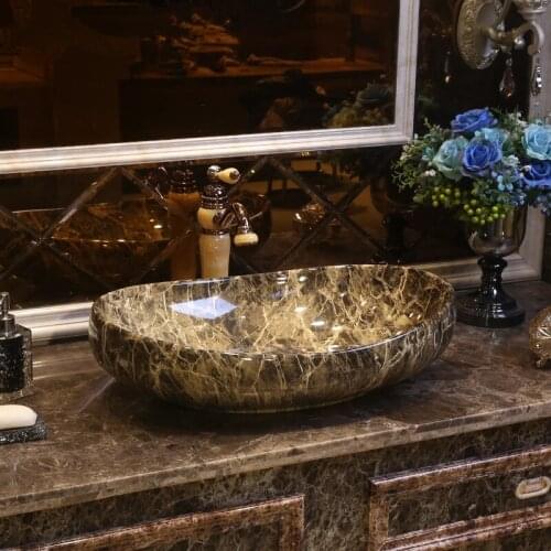 Imitation marble Western antique style ceramic colored bathroom luxury basin wash bowl sink vintage vanity sink oval