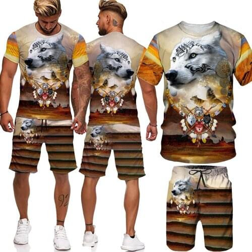 New 3d Printing Mens T-shirt + Shorts Suit Mens Sportswear O-neck Short-sleeved Wolf Pattern Mens Printed Suit Beach Pants