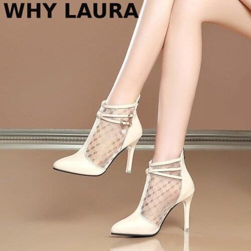 Summer fashion solid mesh high-heeled shoes with pointed ankle embellish ladies' breathable wrap fashion boots