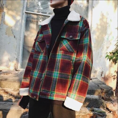 M-xl Autumn And Winter New Lamb Hair Lapel Coat Men Student Tartan Korean Version Of The Short Coat Casual Grid Cotton Jackets