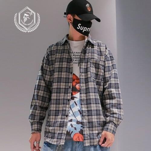 Men Fashion Loose Plaid Print Casual Vintage Hip Hop Shirts