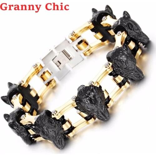 Granny Chic New Fashion Stainless Steel High Quality Motorcycle Chain Biker Wolf Heads Charms Mens Bracelet 21mm 8.26" Jewelry