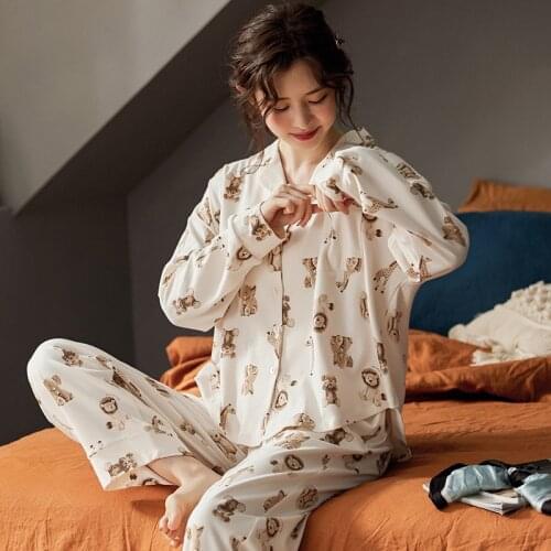 Autumn Womens Pajamas, Long-sleeved Lapel, Comfortable Cotton Pajamas, Two-piece Suit, Plus Size Home Service Pyama Woman Set