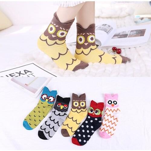 PEONFLY Woman Socks Korean Cartoon Owl Personality Cotton Socks Canister Full Cotton Ventilation Socks