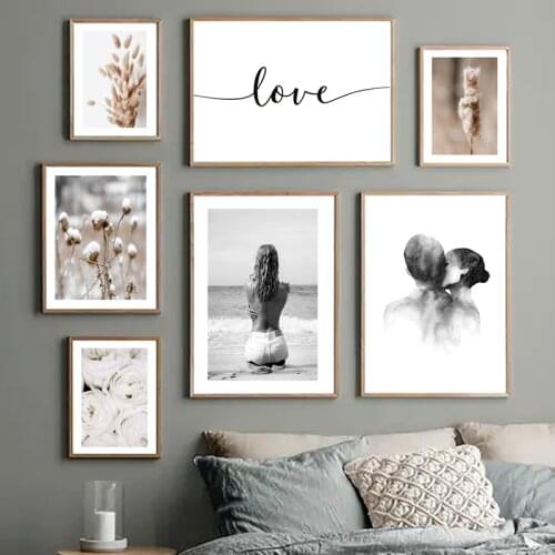 Nordic Poster Romantic Love Reed Grass Flower Beach Wall Art Print Canvas Painting Pictures For Couples Lovers Room Decor