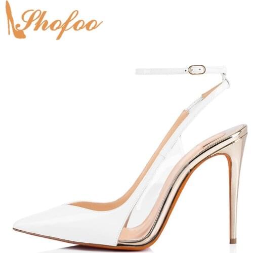Shofoo White High Stilettos Pointed Toe Slingbacks Pumps Woman Thin Heels Large Size 10 16 Office Ladies Footwear Dress Mature