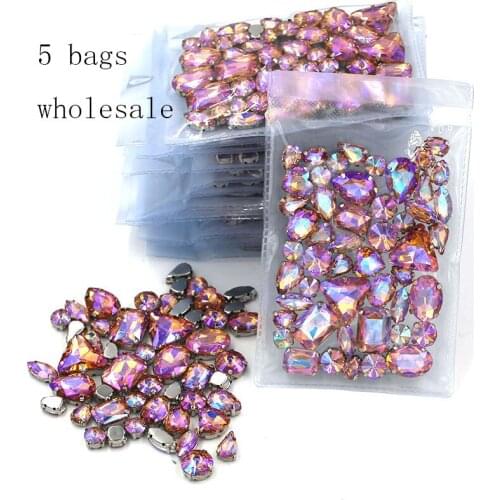New arrival Wholesale 5 bags mixed shape sew on glass crystal Water red AB rhinestones silver base for clothing/dress