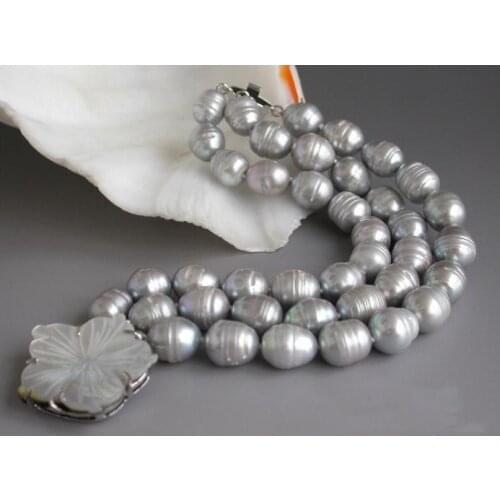 Unique Pearls jewellery Store 3row 8'' 13mm Rice Gray Freshwater Cultured Pearl Bracelet Shell Flower Clasp Charming Women Gift