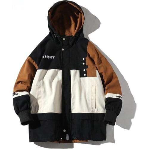 Europe style white background color matching tooling jacket hooded loose student jacket men hoodies