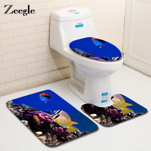 Zeegle 3pcs/set Bathroom Carpet Set Bath Mat Underwater World Pattern Toilet Rug Non-Slip Pedestal Rug Lid Toilet Cover Bath Mat