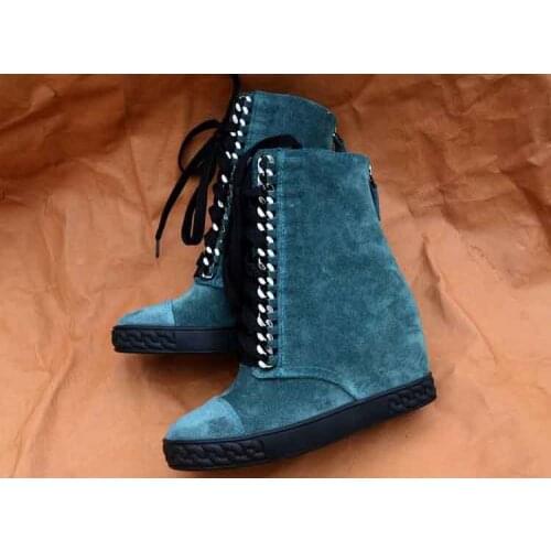 Ankle Boots For Women Lace Up 8cm Height Increasing Women Shoes Chain Decoration Winter Wedge Boots Woman Motorcycle Boots
