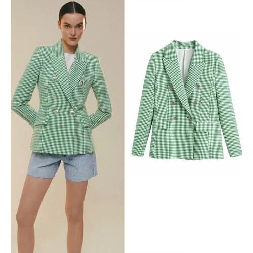 TRAF Fashion Za Women Pink Green Double Breasted Blazer Coat Femme Office Long Sleeve Plaid Outerwear Business Slim Suit Tops