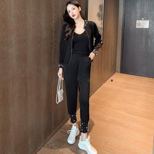 Womens tracksuit 2021 NEW spring leisure Embroidered Flares 3 piece set v-neck vest +zipper coat +pencil pant women suits