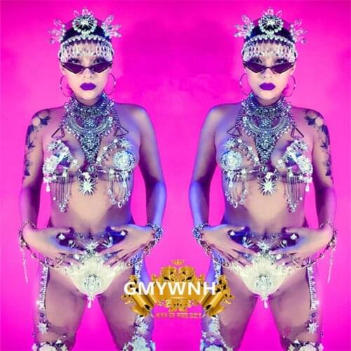 K58 Crystal tassel headdress women stage show wears bodysuit sexy female bikini outfit dj dresses prom dance costumes party show