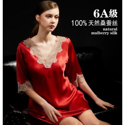 41-65kg 100% Mulberry Silk Nightwear Women Lace Dress Summer Spring Short Sleeve Loose Red Women Natural Silk Nightdress