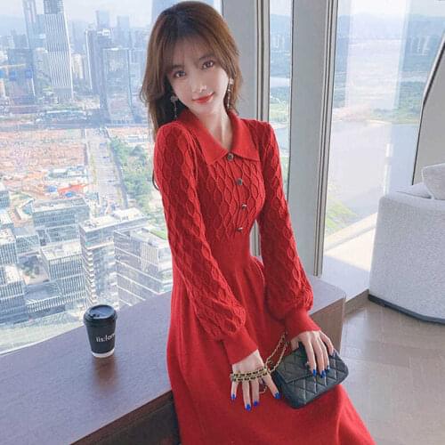 Women 2021 Autumn Winter New Mid-long Sweater Dresses Female Solid Color Loose Dress Ladies Warm Knitted A-Line Vestidos V720