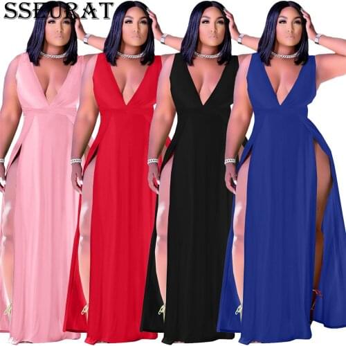 SSEURAT Women Beach Sexy High Split Elastic Sleeveless V-neck Tank Maxi Slim Bodycon Dress Party Night Club Long Dresses Vestido
