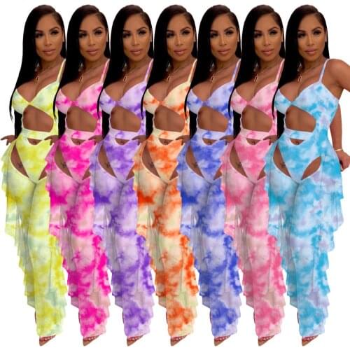 2PCS Swimsuit Outfits Bodycon Hollow Out Bodysuit Jumpsuit+Sheer Mesh See Through Ruffle Long Pants Tiedyed Print Sexy Beachwear