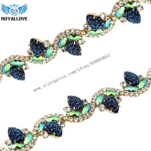 2Yard Colorful Crystal Rhinestone Golden flower Chain DIY Bridal Wedding Dress Decoration Trim Applique Sew on Garment Shoes Bag