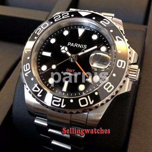 40mm PARNIS black dial luminous Sapphire glass Ceramic bezel GMT automatic mens watch Luxury Brand Top Mechanical Watches