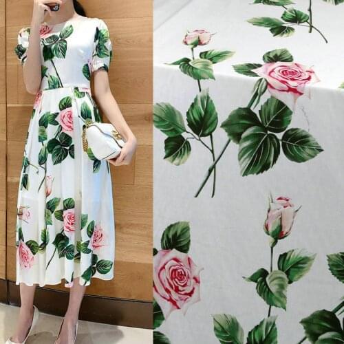 White rose flowers digital printed skirt fabric cotton poplin fabric for kids women dress DIY sewing cloth tissus au metre