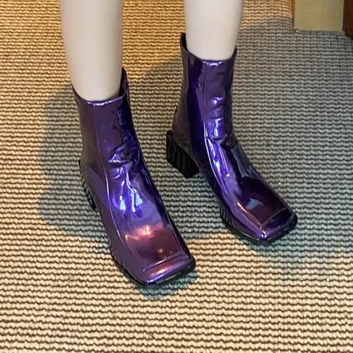 Thick-Heeled Square Toe Bright Patent Leather Chelsea Boots Flat Toe Simple And Fashionable Street Women’S Ankle Boots Oversized