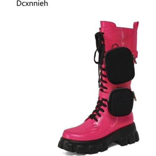 Mid Calf Pocket Boots Women Brand Shoes Genuine Leather Motorcycle Long Boots Woman Thick Sole Military Platform Boots For Women