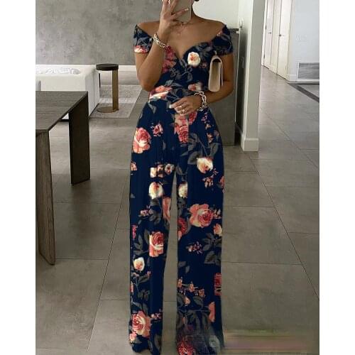 European and American new style women one-shoulder printed wide-leg one-piece trousers women casual floral sexy jumpsuit women