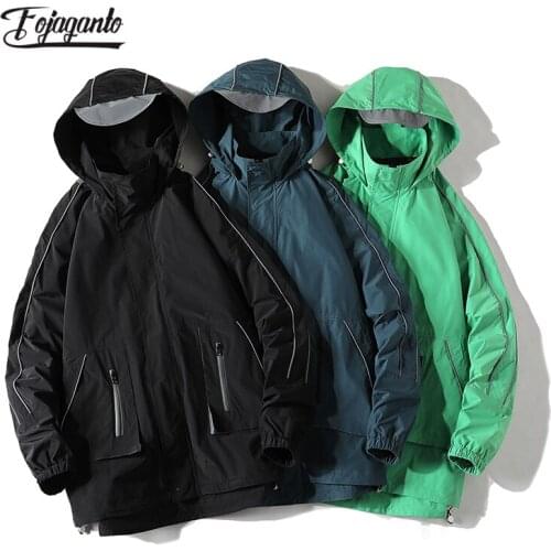 FOJAGANTO Mens Autumn Retro Jacket Hong Kong Style Reflective Strips Couple Hooded Tops Trendy Fashion Loose Jacket Male