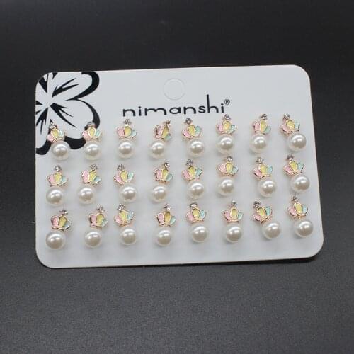 ISINYEE 12 Pairs/sets Cute Enamel Crown Pearl Crystal Stud Earrings For Women Girls Kids Fashion Small Earring Jewelry
