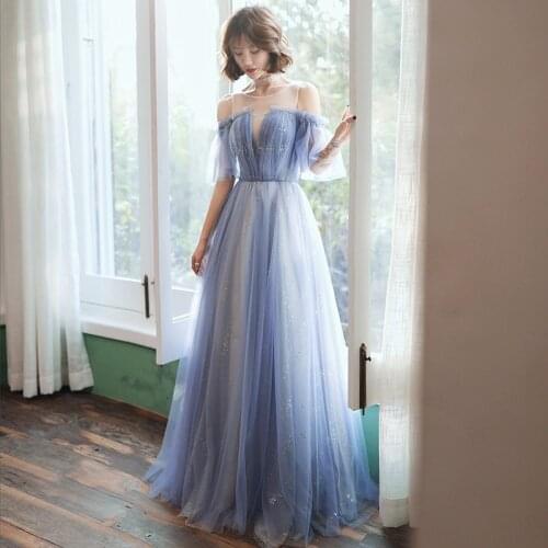 Blue Starry Sky Sequins Exquisite Evening Party Gown Cheongsam Elegant Mesh Dress Qipao Bridal Wedding Full Length Dress