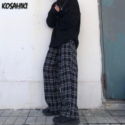 KOSAHIKI Harajuku Plaid Pants Women Casual Loose Wide Leg Trousers Ins Retro Teens Straight Trousers Hip-hop Unisex Streetwear