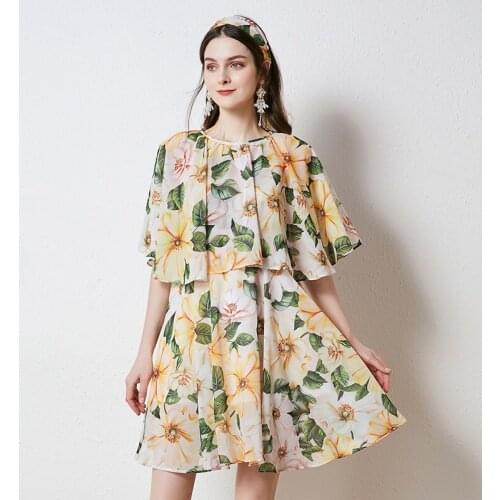 JSXDHK 2021 Runway Summer Camellia Floral Printed Chiffon Dress Boho Women Cloak Sleeve Yellow Flower Shawl Vacation Mini Dress