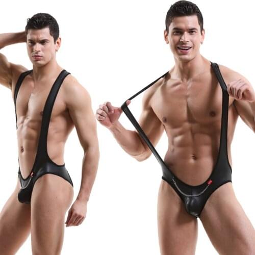 Mens sexy jumpsuit patent leather iron chain back empty faux leather sexy vest to lift buttocks sports comfortable suspension l