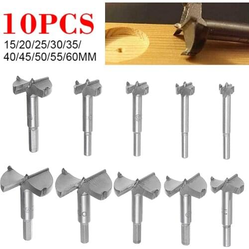 10Pcs Woodworking Forstner Drill Bits Set Alloy Wood Hole Saw Wood Drill Knothole Drill Hinge Drill 15-60mm Hinge Forstner Bits