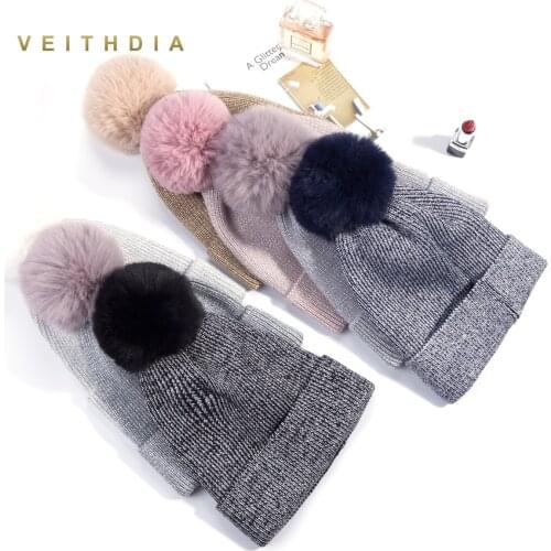VEITHDIA 2019 New Soft Pom Poms Winter Hat for Women Fashion Solid Warm Hats Knitted Beanies Cap Brand Thick Female Cap