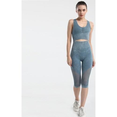 New Womens Tracksuit Seamless Knee Length Pants High Waist Hip Lifting Sexy Sports Mesh Tights Padded Push Up Bra Yoga Set