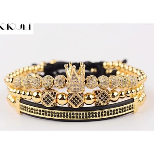 OIQUEI 3pcs /set Hip Hop CZ Polygon Ball Crown Charm Copper Beads Macrame Bracelets&Bangles Set Men Luxury Brand Mens Jewellry