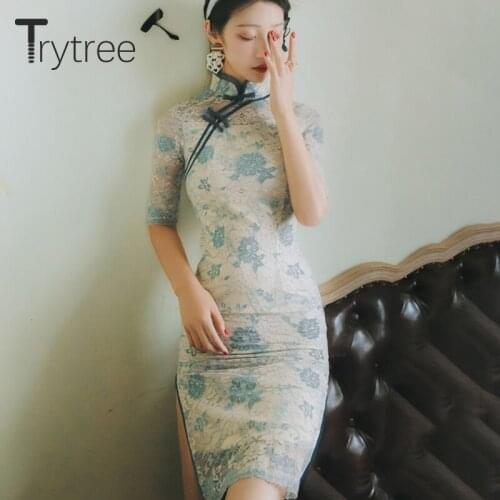 Trytree 2020 Summer Women Dress Casual Elegant Mandarin Collar Lace Floral Dresses Split Hem Knee-Length Cheongsam Sheath Dress