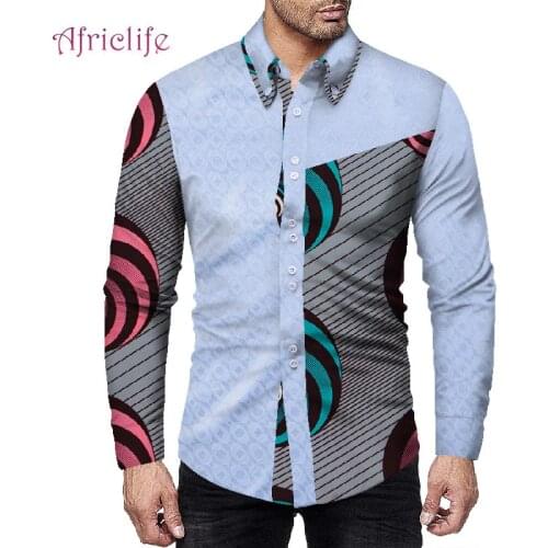 Popular African Bazin Shirt for Gentlemen Spring Autumn Long Sleeve Shirt Fashion Patchwork Top Clothing WYN947