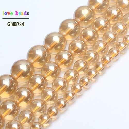 Gold Champagne Transparent Metallic Titanium Coated Natural Quartz Crystal Glass Smooth Round Beads 6mm 8mm 10mm 12mm