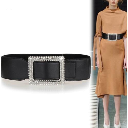 Black waistbands fashion elastic belts for women dress wide waist seal HOT rhinestone silver rectangl buckle stretch waistband