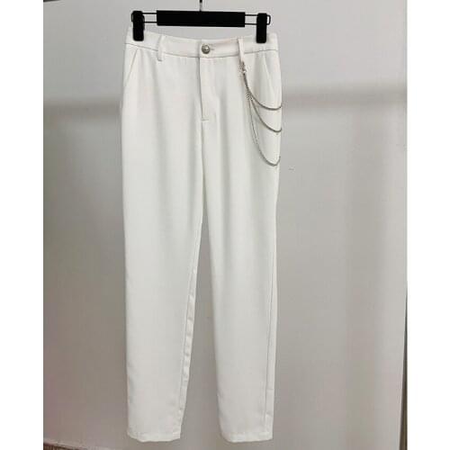 SS2021 Casual Pencil Pants For Women Star Mid Waist With Chain Metal Gold Button Elegant Pockets Trousers Female White
