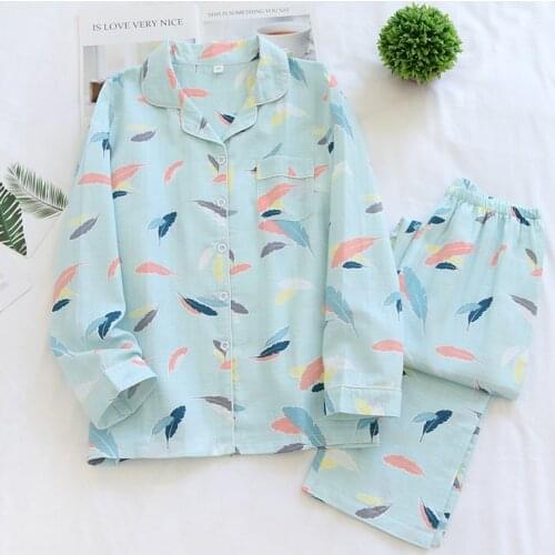 Spring/Summer 2021 new style 100% cotton pajamas set ladies long-sleeved two-piece color feather plus size home service kawaii
