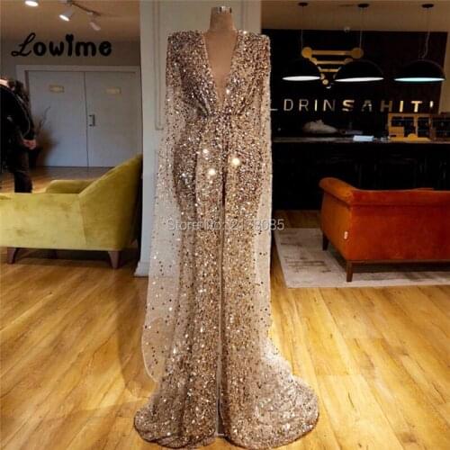 Vintage V Neck Muslim Formal Evening Dresses Arabic Mermaid Party Gown 2019 Couture Long Shiny Prom Dresses Capped Sleeves Gowns