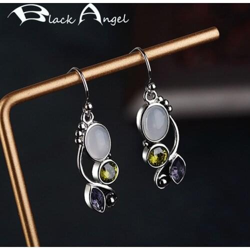 BLACK ANGEL Amethyst Droplets Pear-Shaped Moonstone Gemstone 925 Sterling Silver Long Drop Earrings For Women Wedding Jewelry