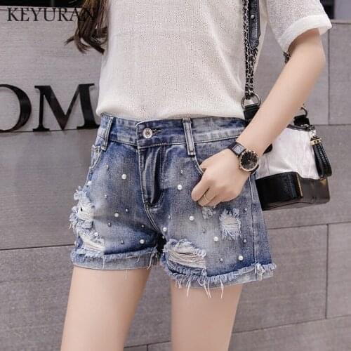 2019 NEW Summer High waist Beaded Denim Shorts Female Casual Vintage Women Jeans Shorts Tassel Hot Jeans High Quality Wash Jeans