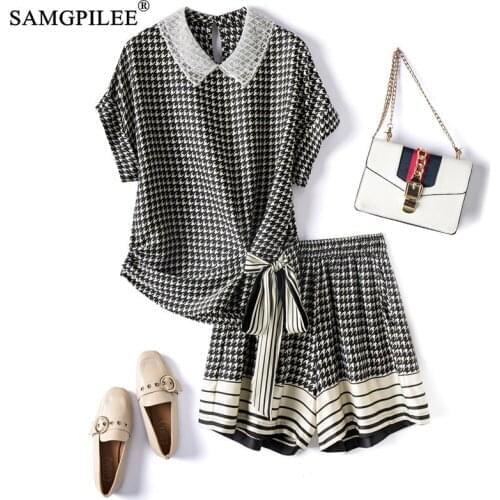 Two Piece Sets For Women 2021 New Fashion Short Sleeve Casual Pullover Turn-down Collar Elastic Waist Mini Shorts Set Plus Size