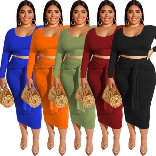 Plus Size Autumn 2 PCS Skirt Sets Long Sleeve O Neck Crop Top + Lace Up Bandage Long Skirts Women Solid Casual Clothings XL-5XL
