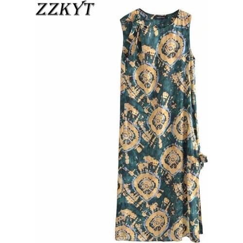 ZZKYT 2021 Women Summer Fashion Tie-dye Split Midi Dress Vintage O-Neck Sleeveless Bow Tie Female Party Dresses Vestidos Mujer